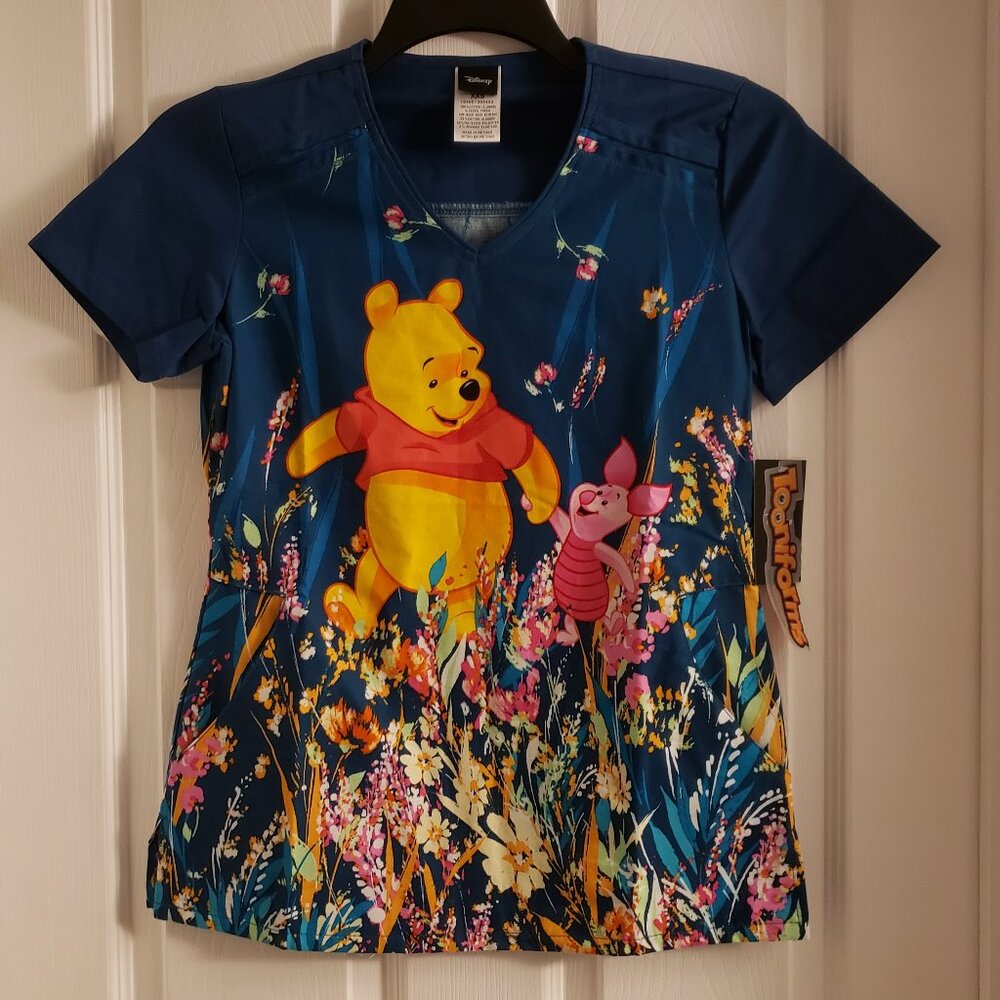 Disney Winnie the Pooh Bear Piglet Tooniforms XXS V-Neck Scrub Top Brand New NWT